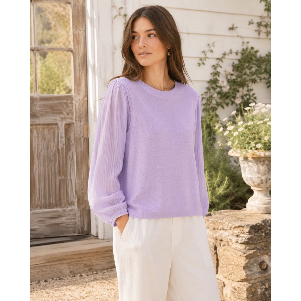 Current Air Lavender Waffle Knit‎ Sweater Medium Top Pleated Balloon Sleeves
